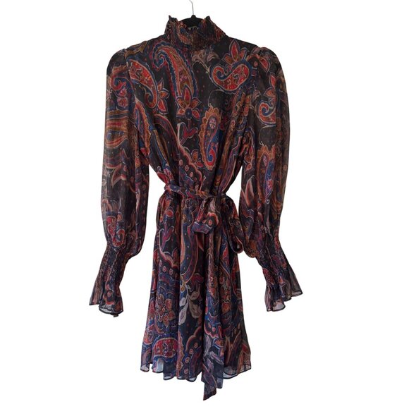 Zara Chiffon Paisley Printed Mini Dress With Belted Waist & Long Sleeves - Picture 2 of 12